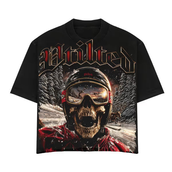 Men's black graphic T-shirt with skull and headphones front print