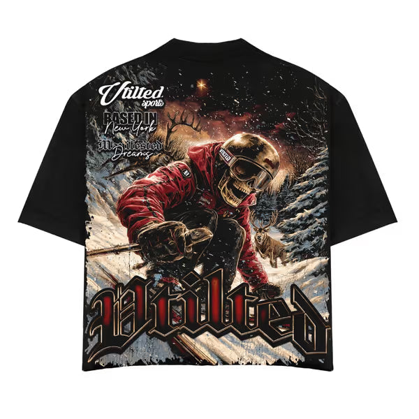 Men's black graphic T-shirt with wrestler skulls and large back logo print