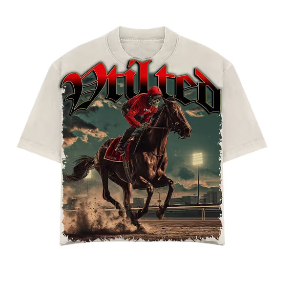 Men's white graphic T-shirt with horse rider print on the front