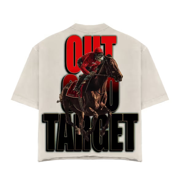 Men's white graphic T-shirt with rider and bold red/black text on the back
