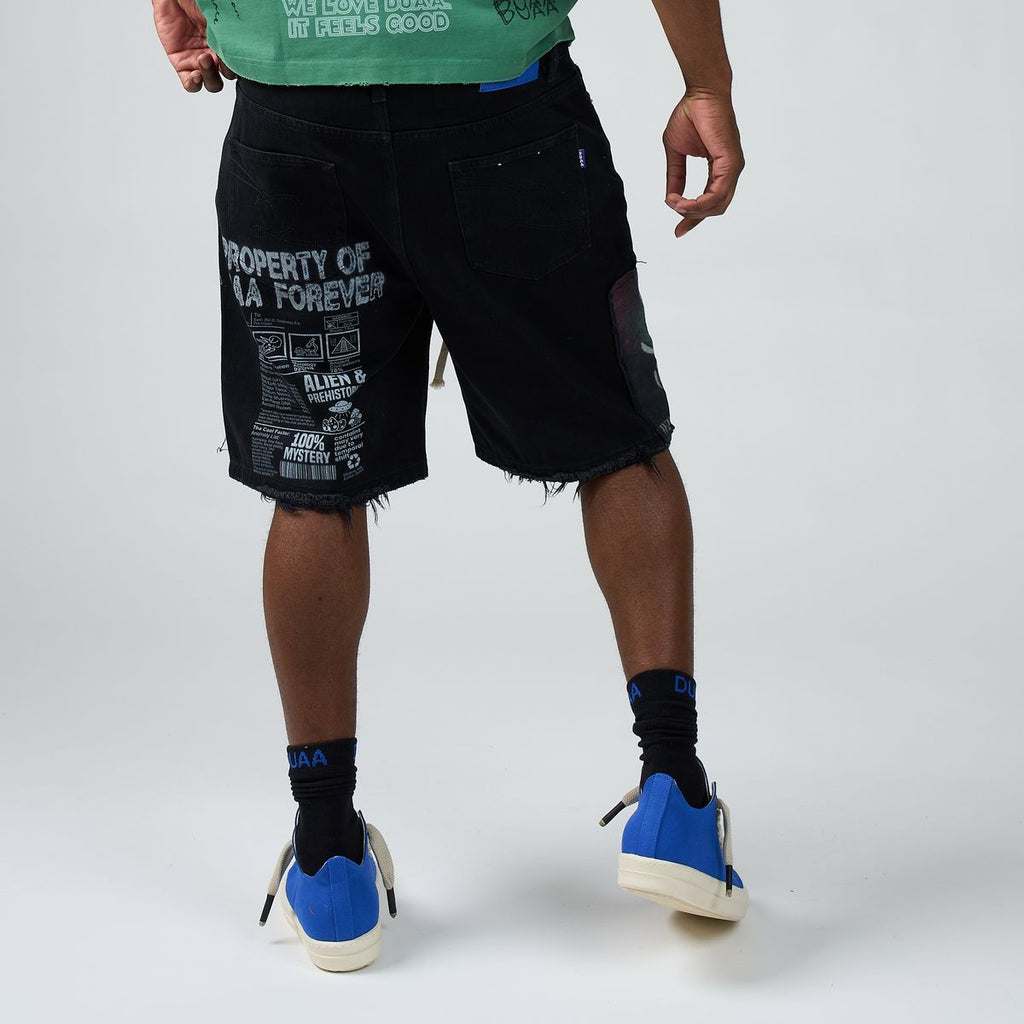 Men’s black graphic shorts with side text patch and frayed distressed hem