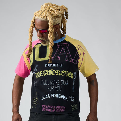 Men's graphic university tee, black front with multicolor sleeves and slogan print