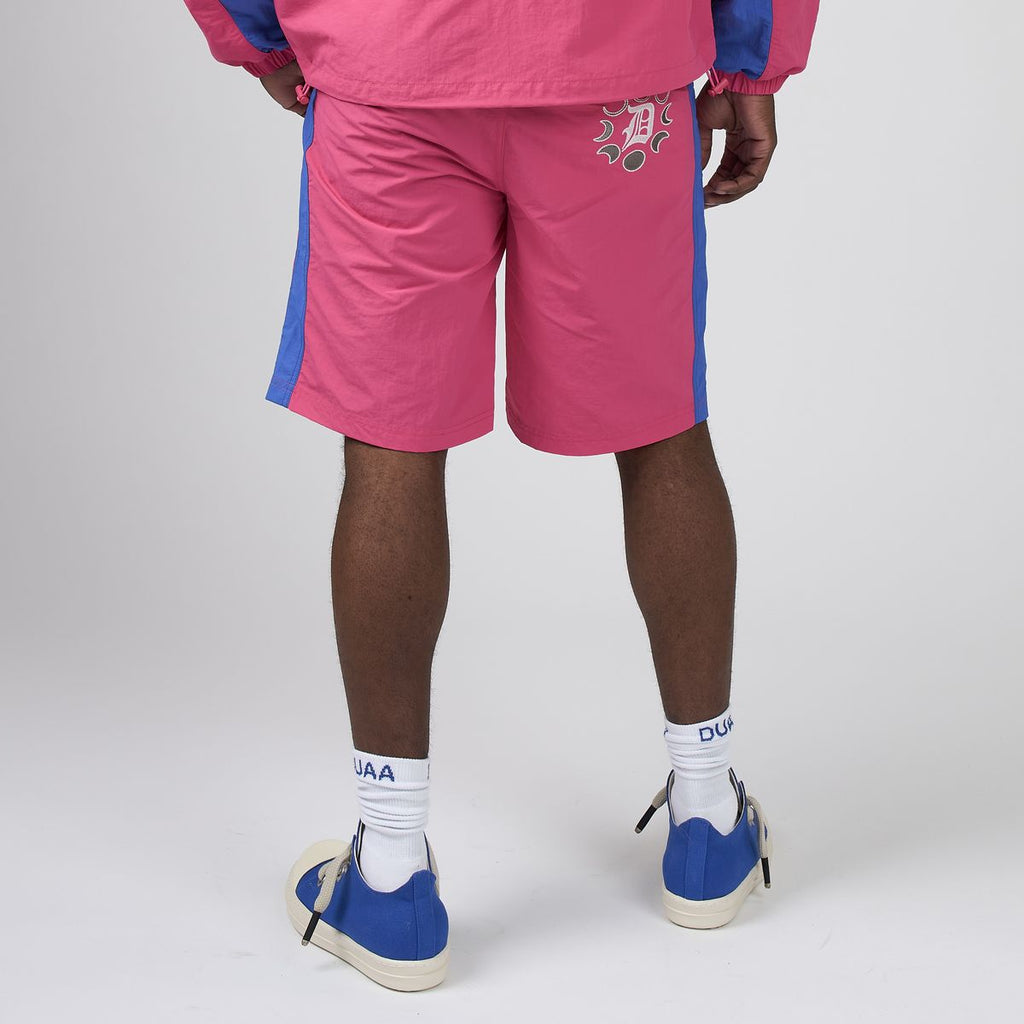 Men's pink sport shorts with blue side stripe and rear graphic, DUAA logo