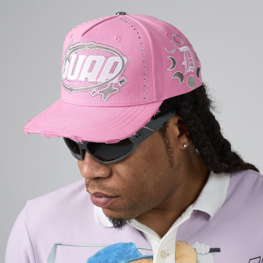 Men's pink DUAA baseball cap with front stitched logo and eyelet detailing