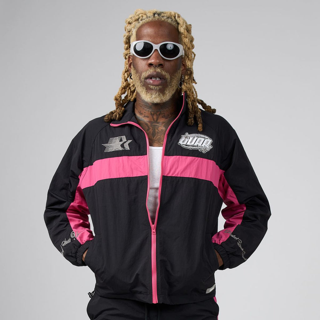 Men's cyber jacket, black with pink panels and zip front