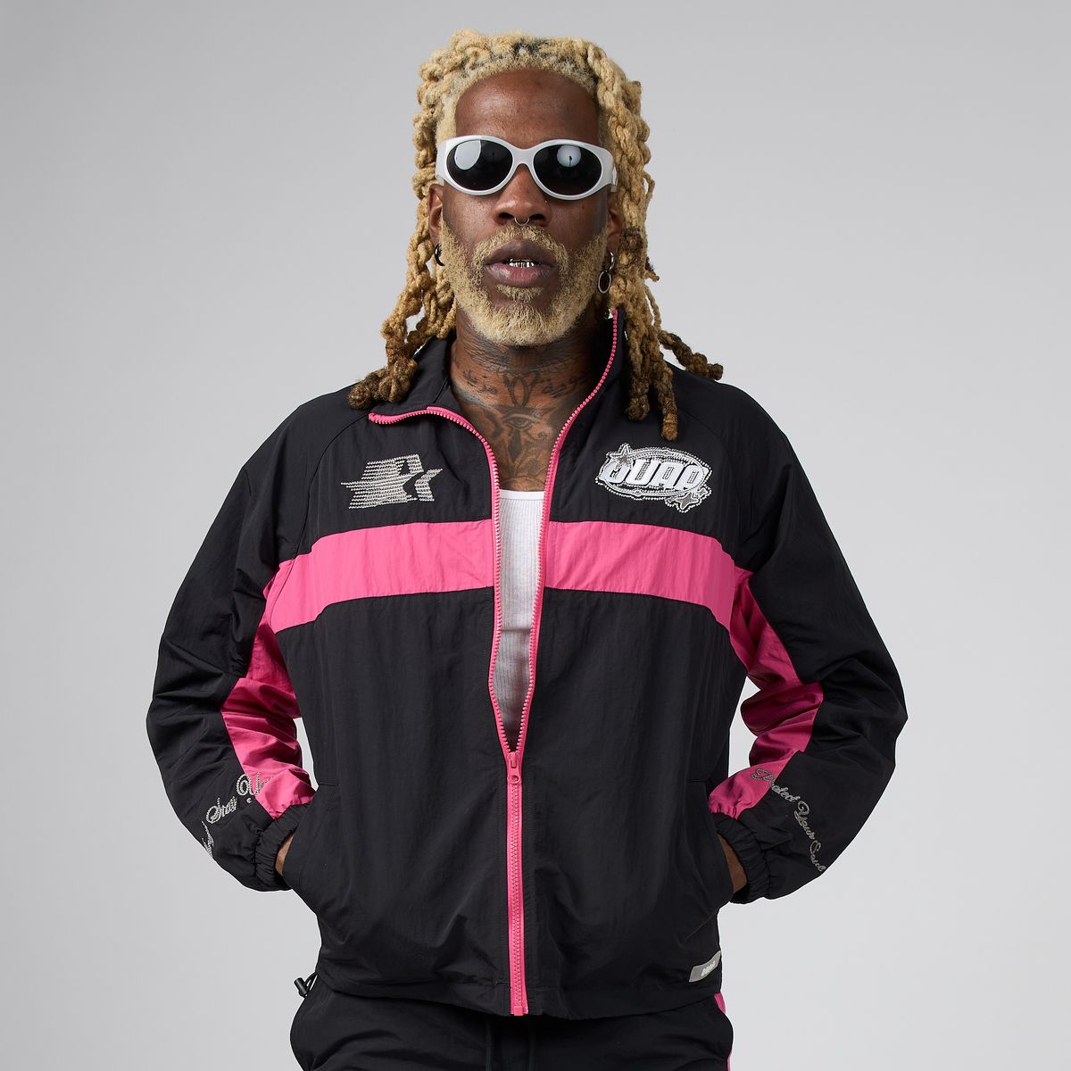 Men's cyber jacket, black with pink panels and zip front