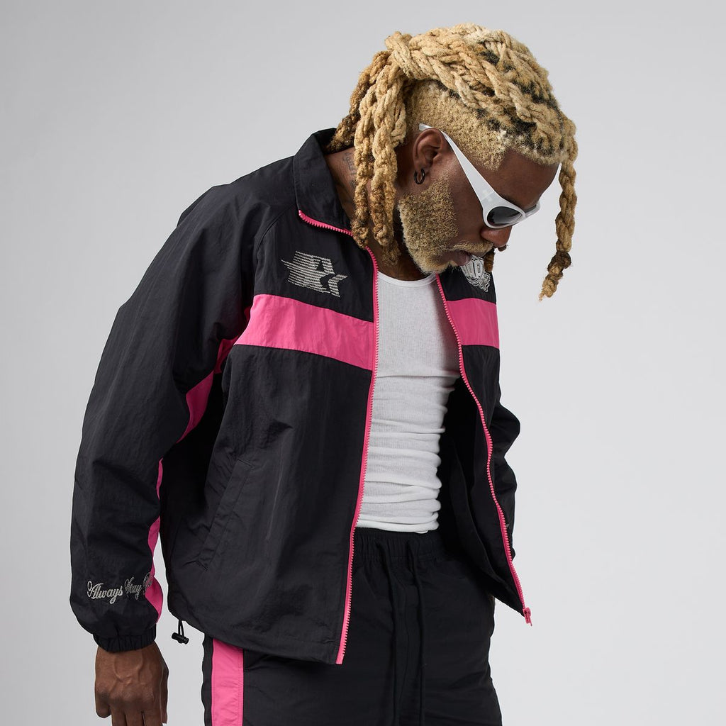 Men's cyber jacket, black with pink stripe; stand collar and front zipper