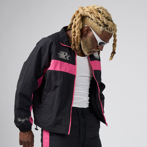 Men's cyber jacket, black with pink stripe; stand collar and front zipper