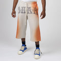 Men's stone capri jeans, two-tone orange/gray with drawstring waist and bold graphic