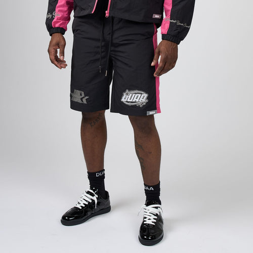 Men's DUAA digital shorts, black with pink side panels and DUAA logo patch