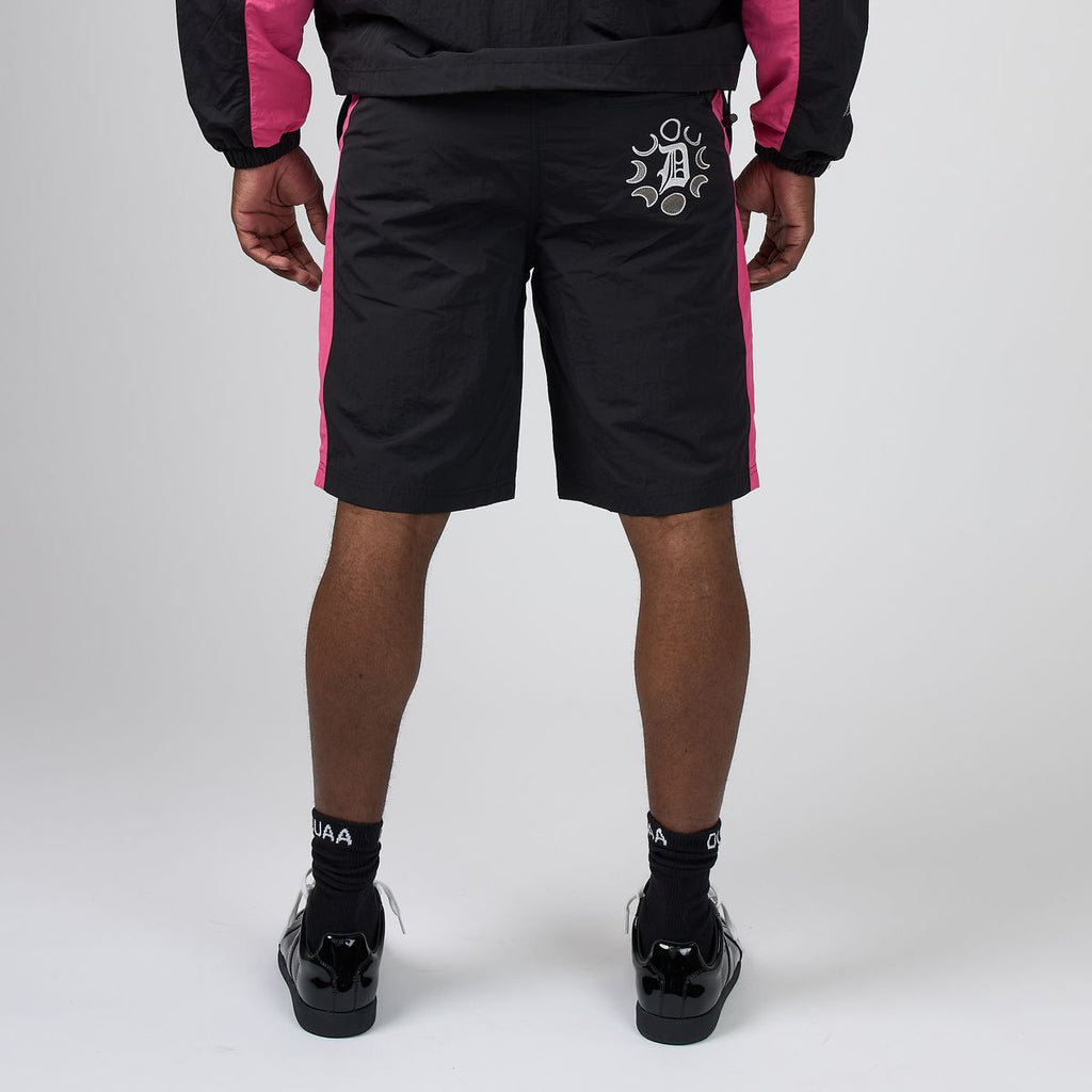 Men's DUAA digital shorts, black with pink stripes and white graphic logo on thigh