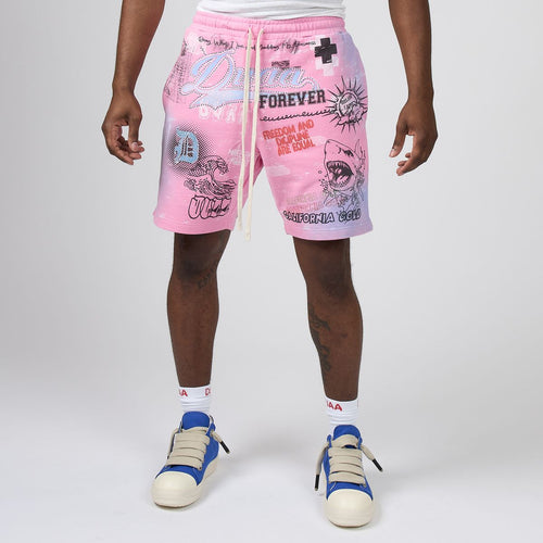 Men's pink graphic cloud shorts with drawstring waist and elastic hem