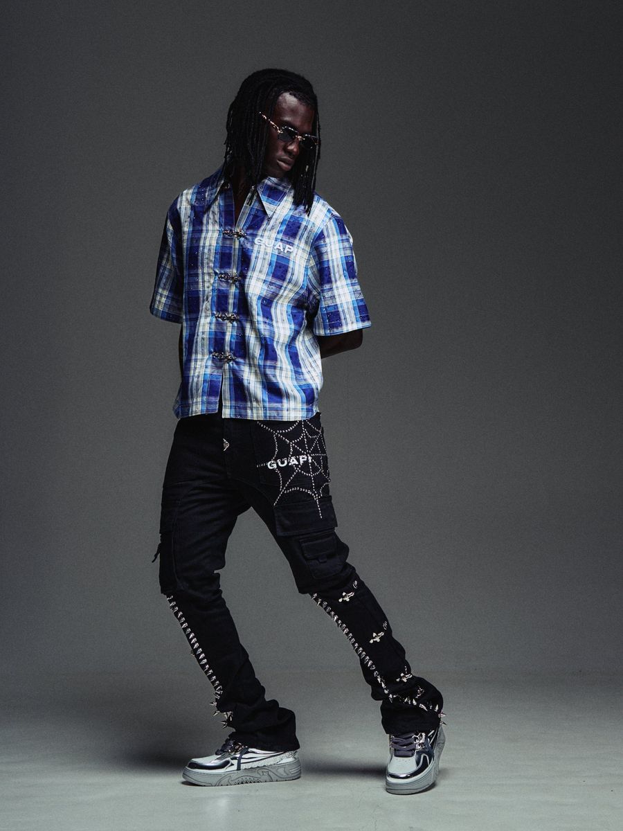 Men's blue plaid short-sleeve button-up shirt, front and side view