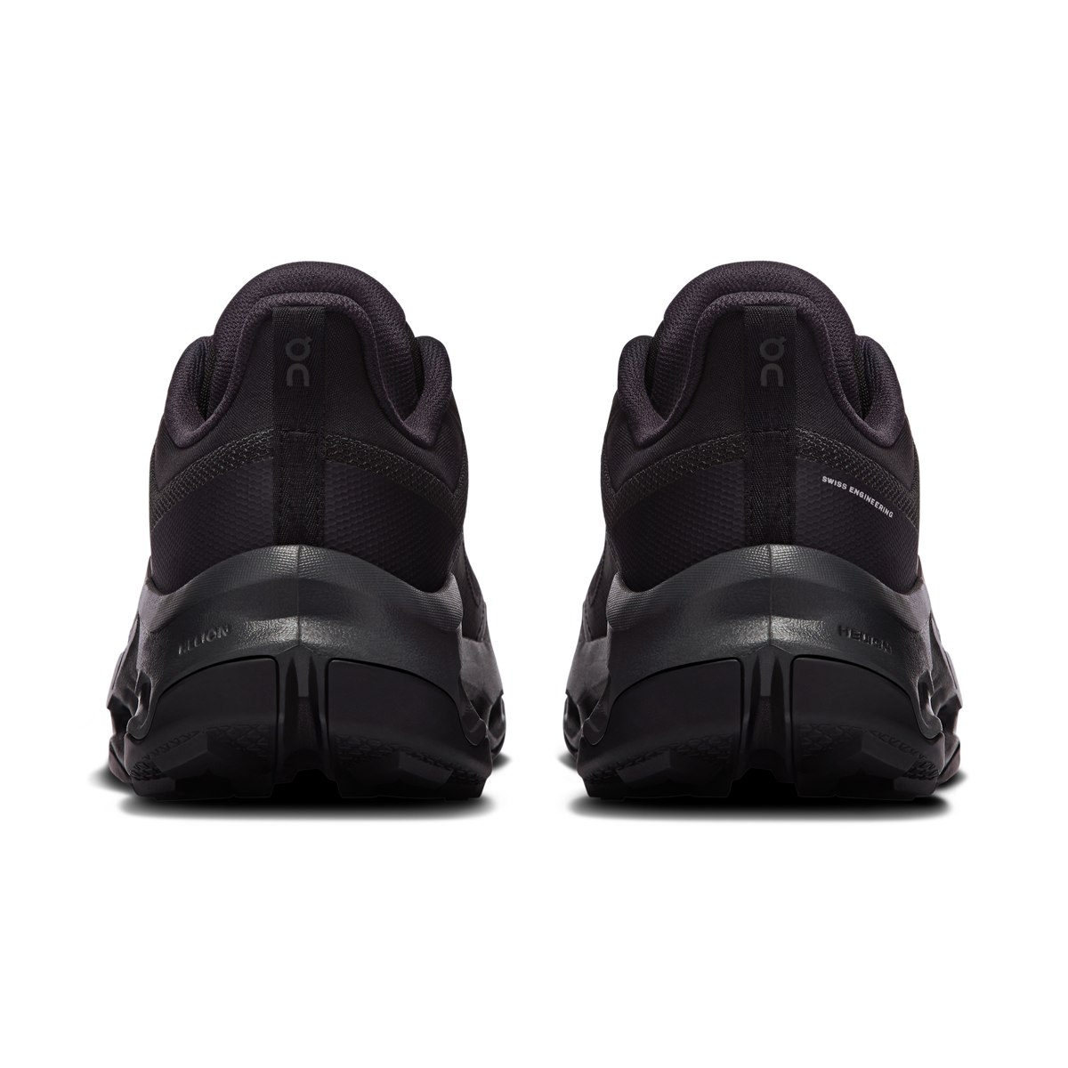 Women's waterproof running shoes black, rear view with padded collar and heel