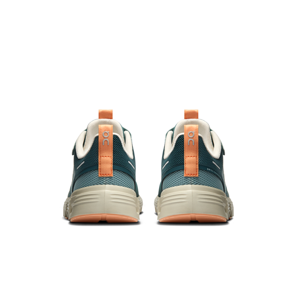 Kids' On Cloud Play 2 shoes, teal back with tan heel tab and orange-brown outsole