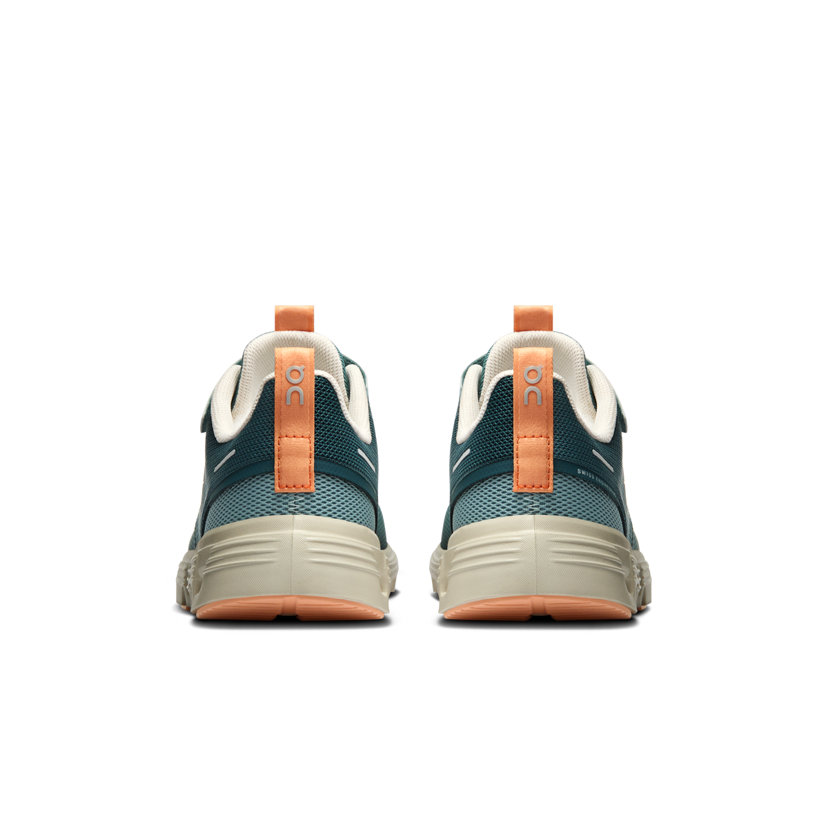 Kids' On Cloud Play 2 shoes, teal back with tan heel tab and orange-brown outsole