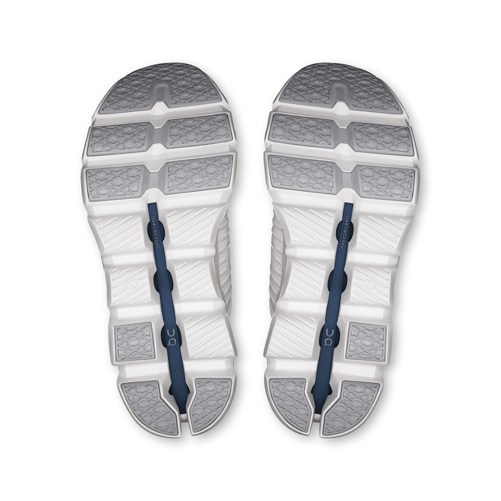 Shoe outsoles in white with textured tread and blue traction inserts