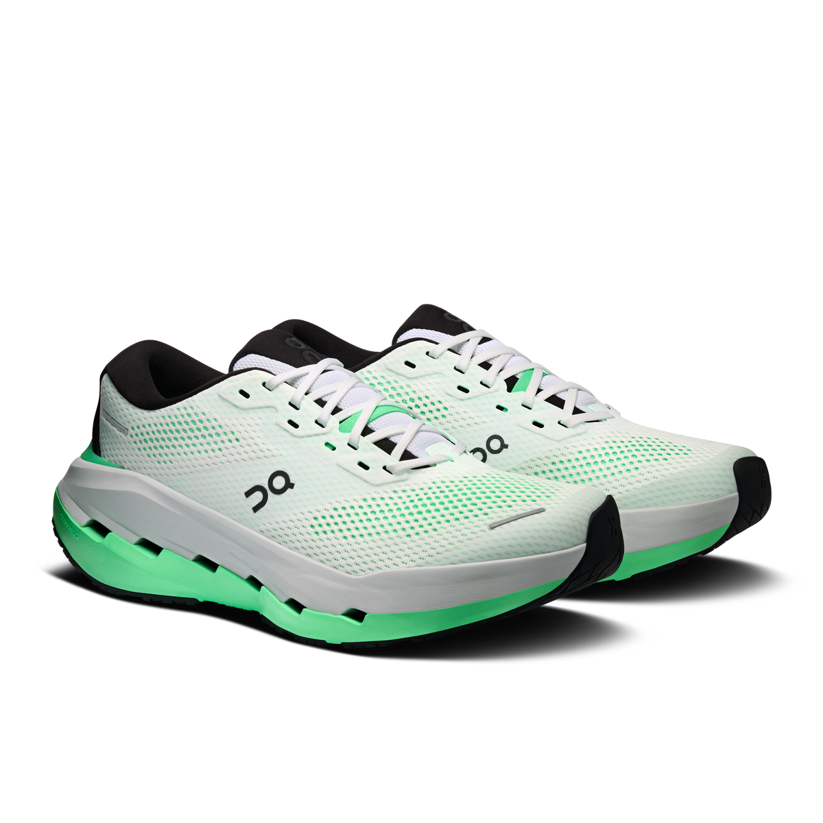 Men's lace-up running shoe in white with green accents and breathable upper
