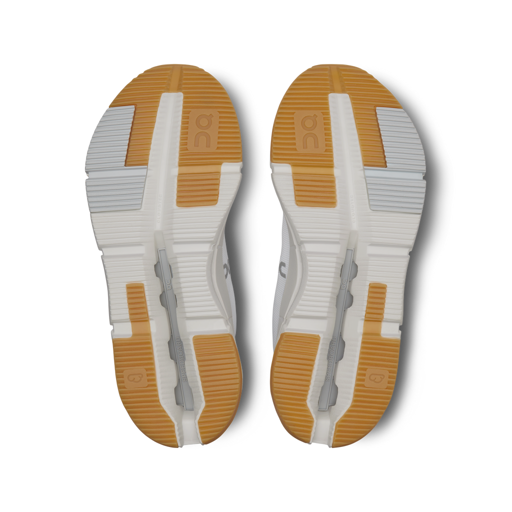 Pair of white/ivory shoe outsoles with orange traction pods and On logo
