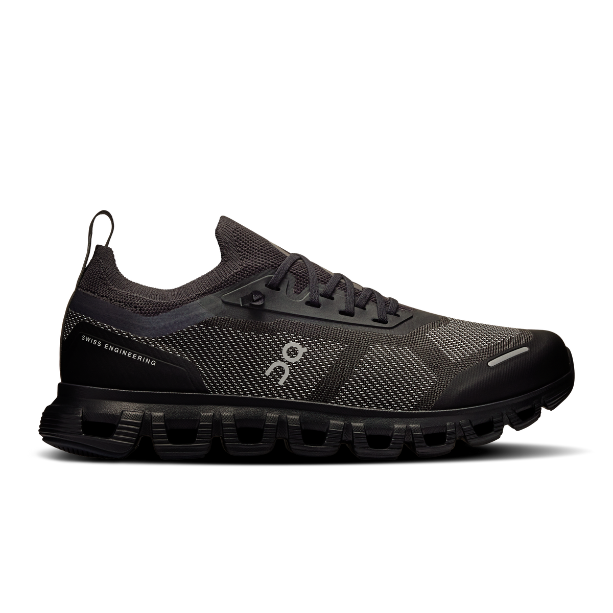 Women\u2019s black running shoes with mesh upper, lace-up and cushioned sole