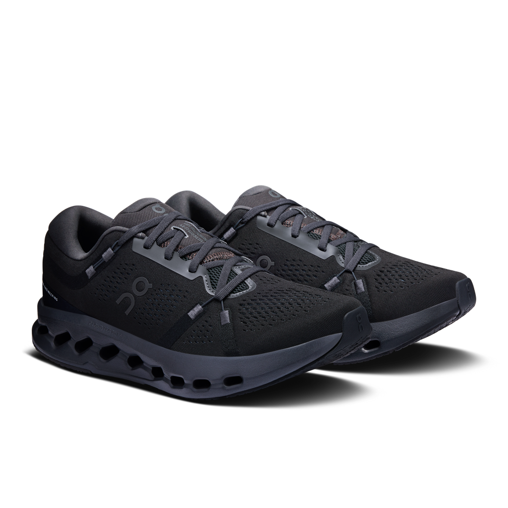 Men's On Cloudsurfer 2 running shoes, black lace-up mesh upper and CloudTec sole