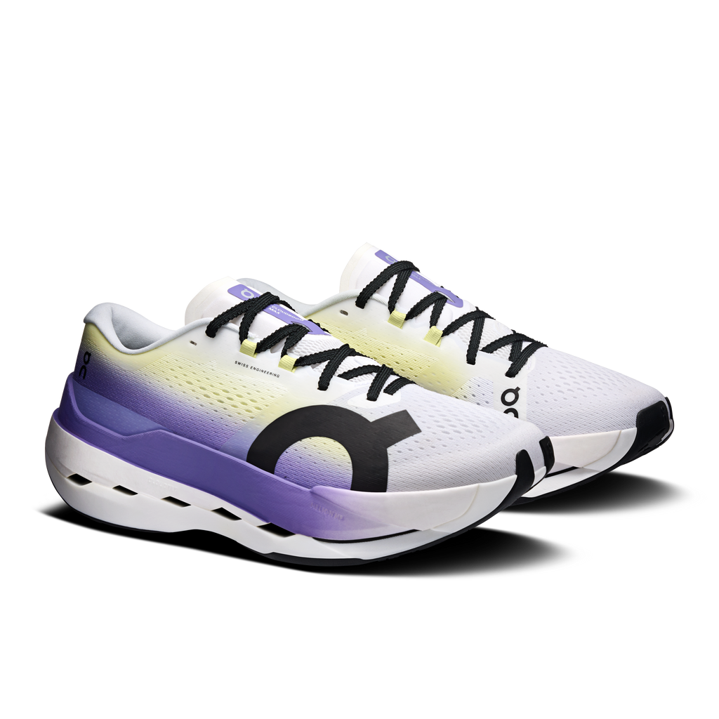 Men's lace-up running shoes, white upper with purple gradient and black logo, CloudTec