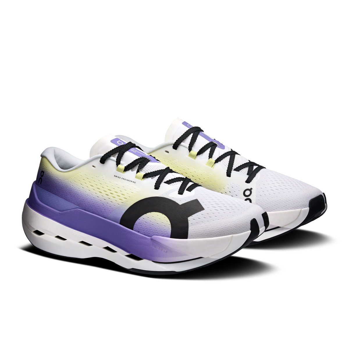 Men's lace-up running shoes, white upper with purple gradient and black logo, CloudTec