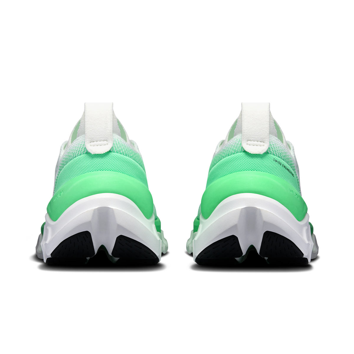 Men's running shoes heel view: green upper, ivory padding, cushioned white sole