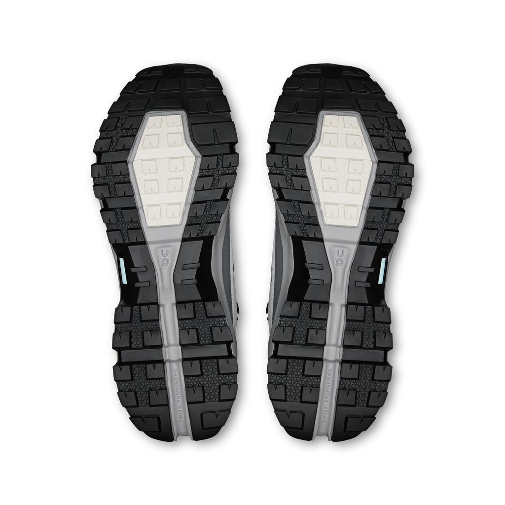 Waterproof mid hiking shoe outsoles, rugged black tread with light gray inserts