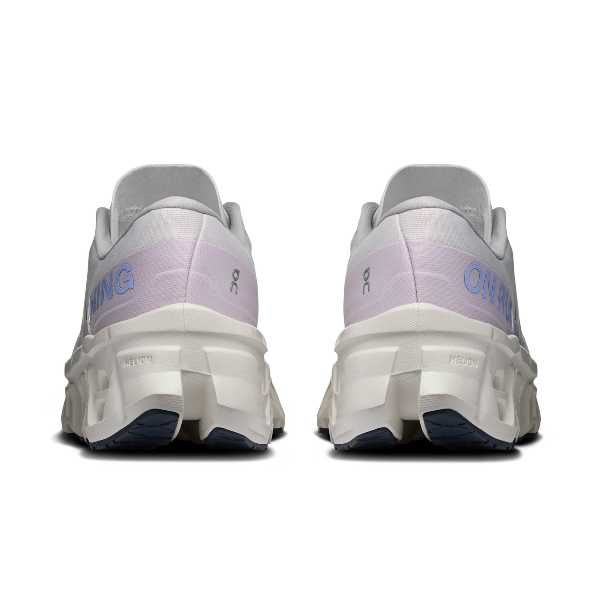 Women's On Cloudmonster 3 shoes from heel view, cushioned back and mesh uppers