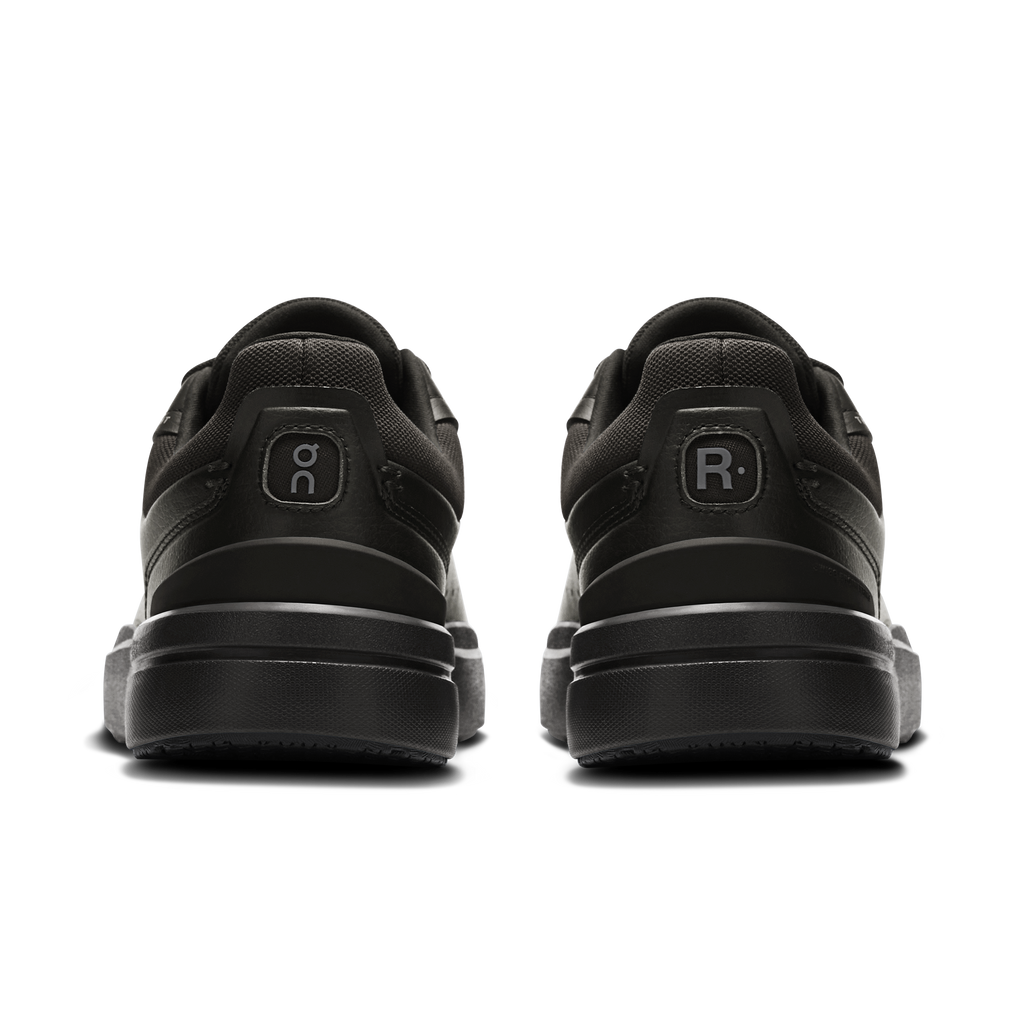 Black back view sneakers with On and R logo on heel