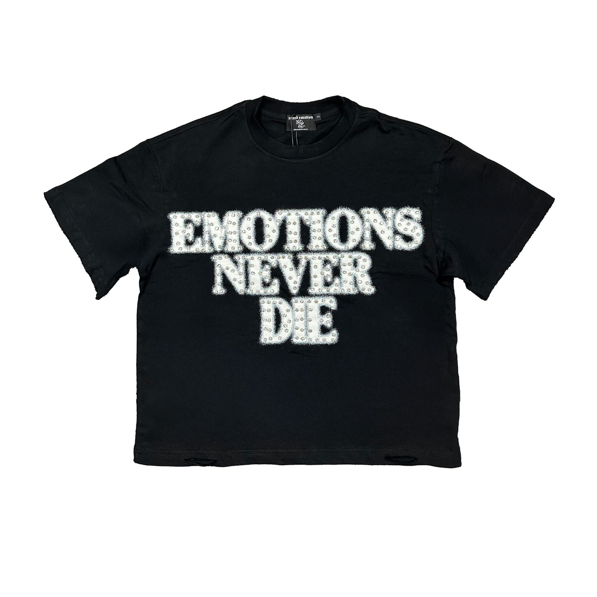Men's black rhinestone graphic tee with 'EMOTIONS NEVER DE' front print