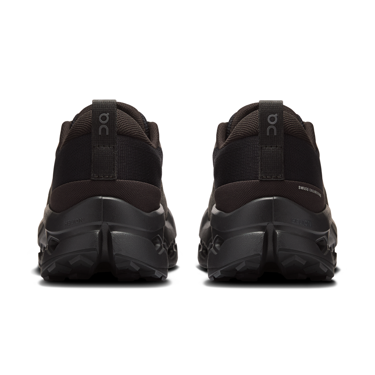 Women’s black trail running shoes, rear view with padded collar and durable outsole tread