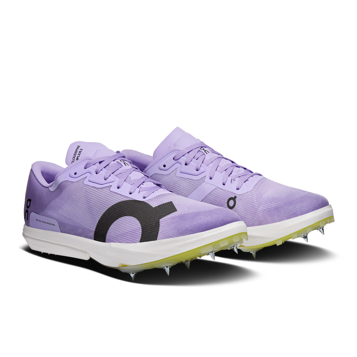 On Cloudspike Amplius 2 shoes, purple knit upper, lace-up with lime traction sole