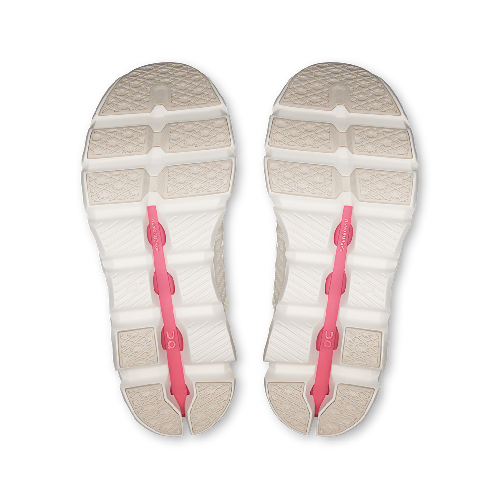 Pair of Cloudswift 4 outsoles with white tread and pink center support
