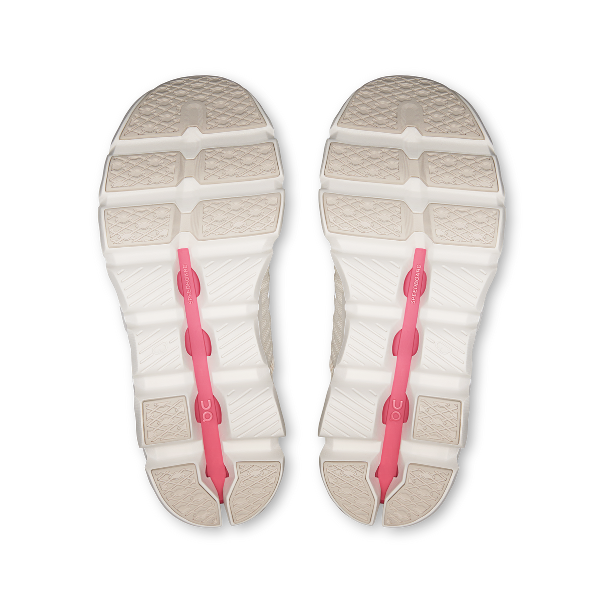 Pair of Cloudswift 4 outsoles with white tread and pink center support