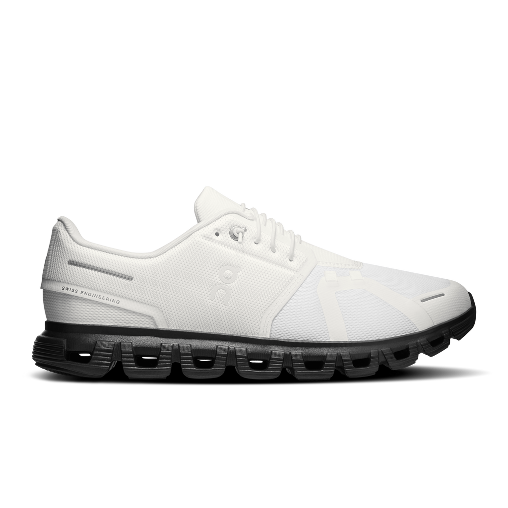 On Cloud 6 men's running shoes, white upper with black cushioned sole