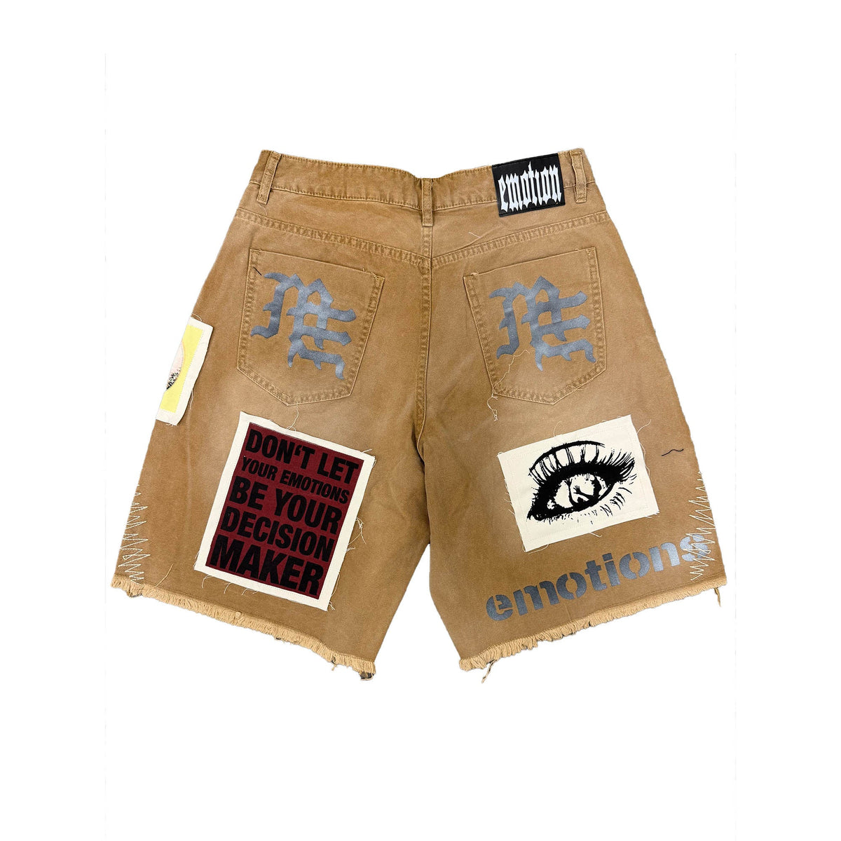 Men's brown carpenter shorts, all-over graphic prints with frayed cuffs