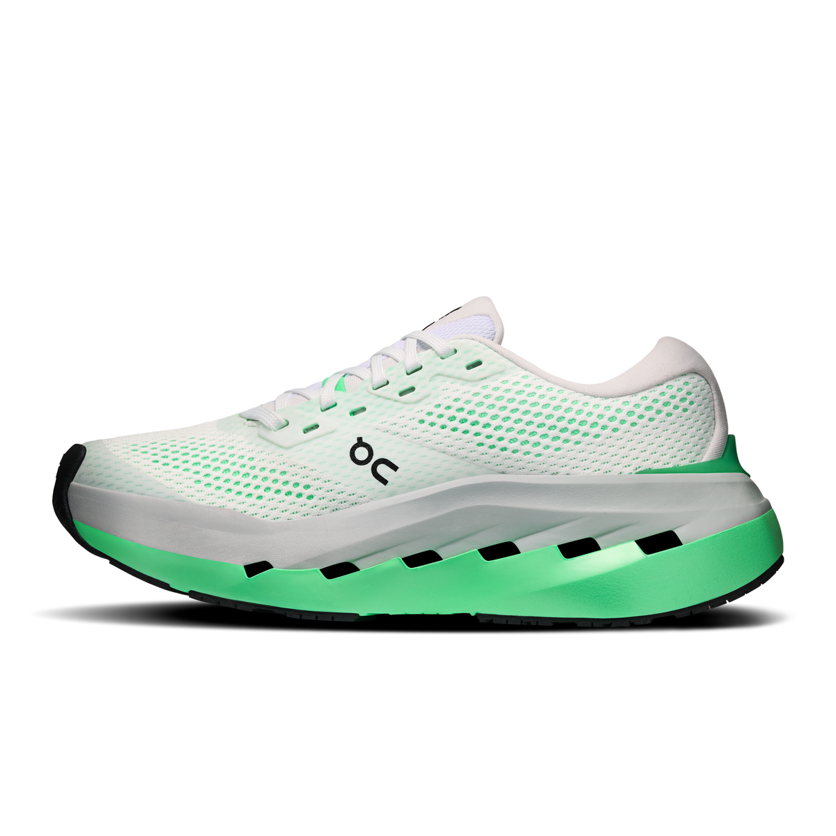 Women's running shoes, white perforated mesh with mint-green rocker sole