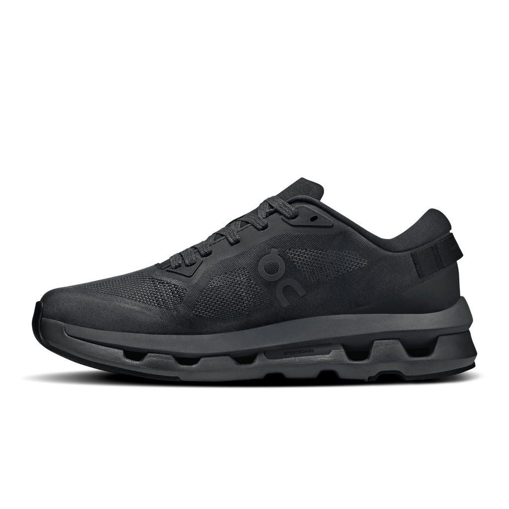 On women's Cloudzone running shoe in black, knit-textured upper with lace-up
