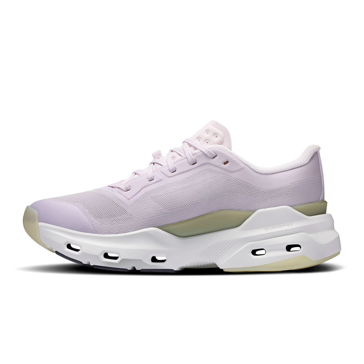 Women's light purple running shoes with lace-up front and green heel accent