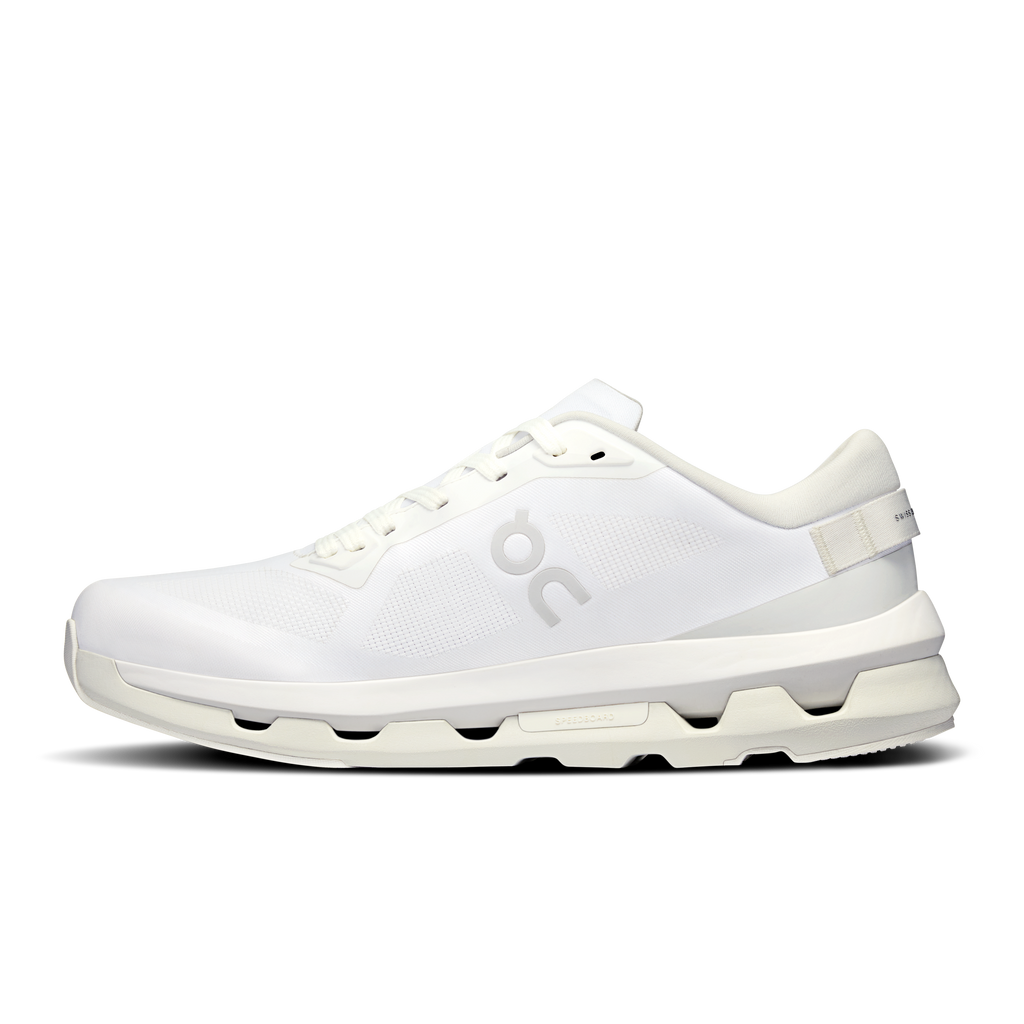On Cloudzone women's running shoes, white knit upper with lace-up and cushioned sole