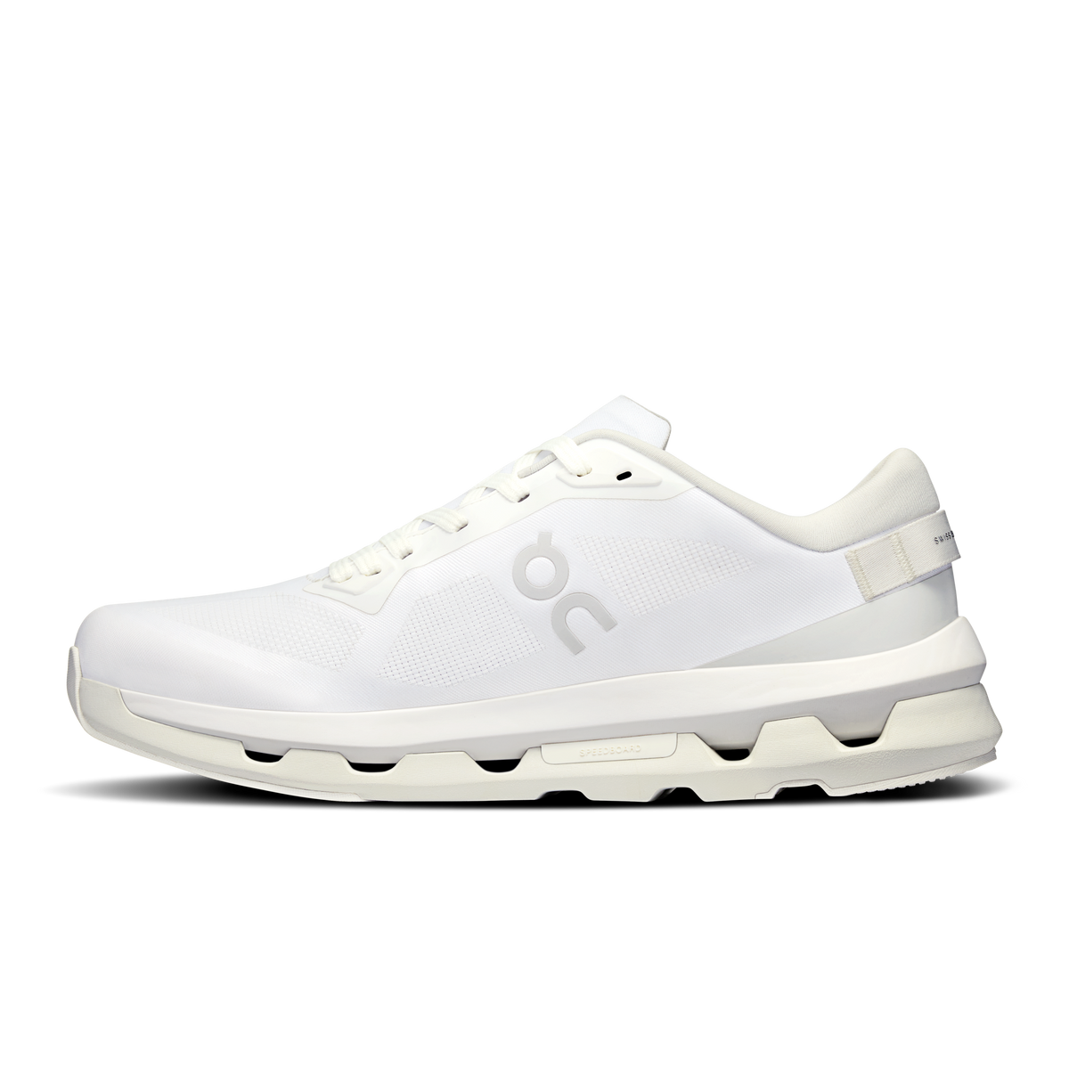 On Cloudzone women's running shoes, white knit upper with lace-up and cushioned sole
