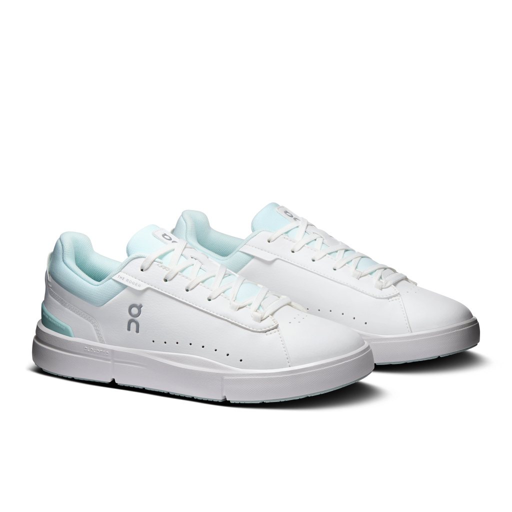 Women's white and light blue low-top sneakers, side-by-side view