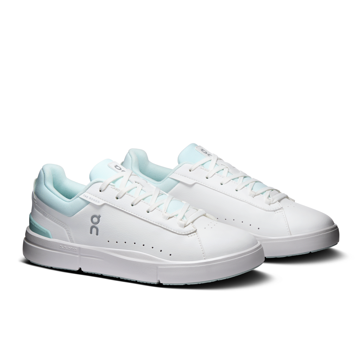 Women's white and light blue low-top sneakers, side-by-side view