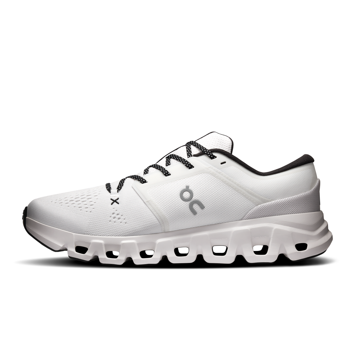 Men's white lace-up running shoe with black heel trim and cushioned sole