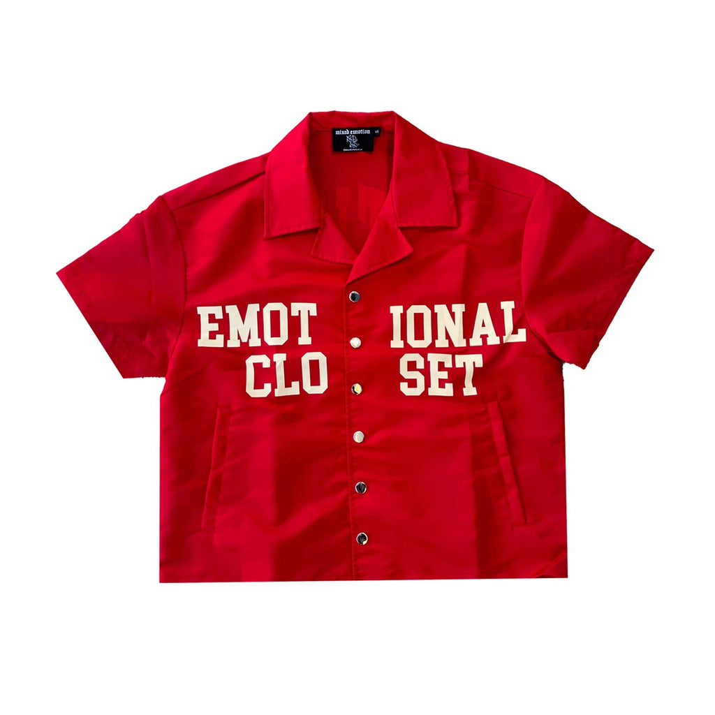 Red men's nylon button-up shirt, front typographic graphic