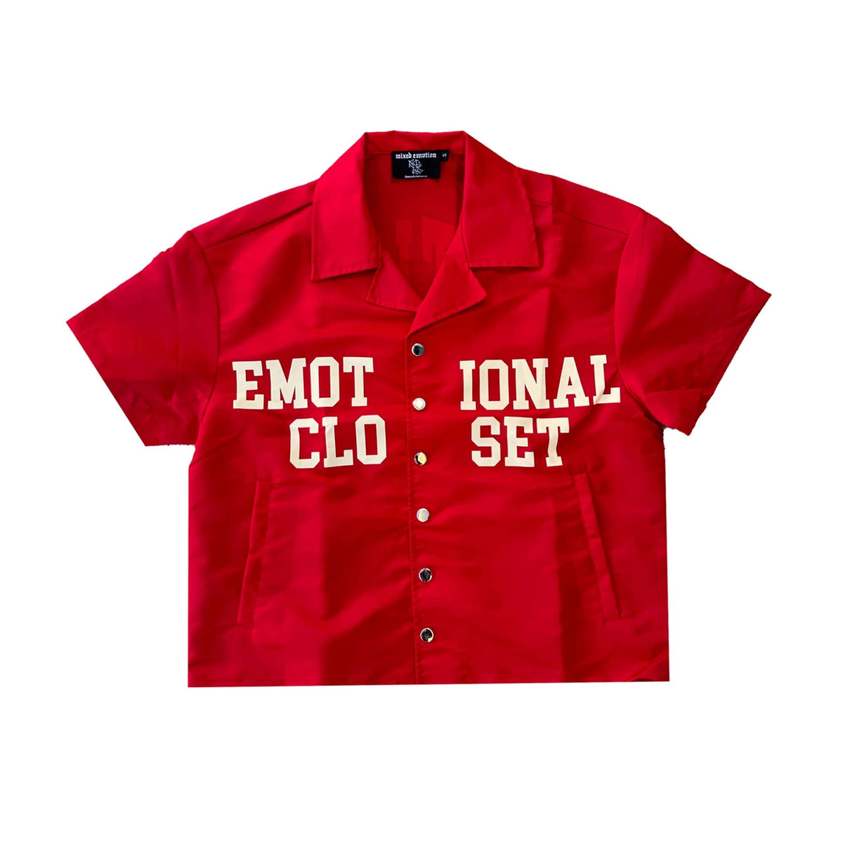 Red men's nylon button-up shirt, front typographic graphic