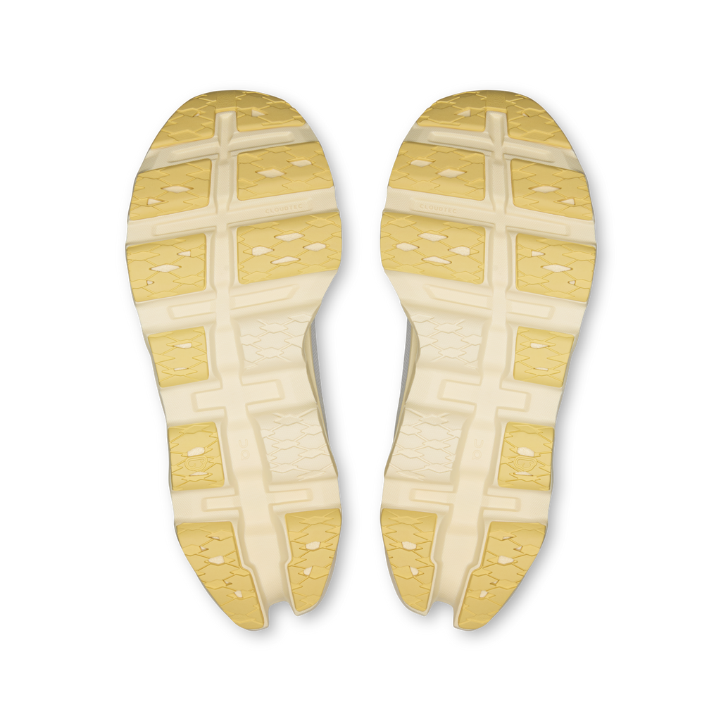 Pair of light gray shoe outsoles with yellow traction pattern