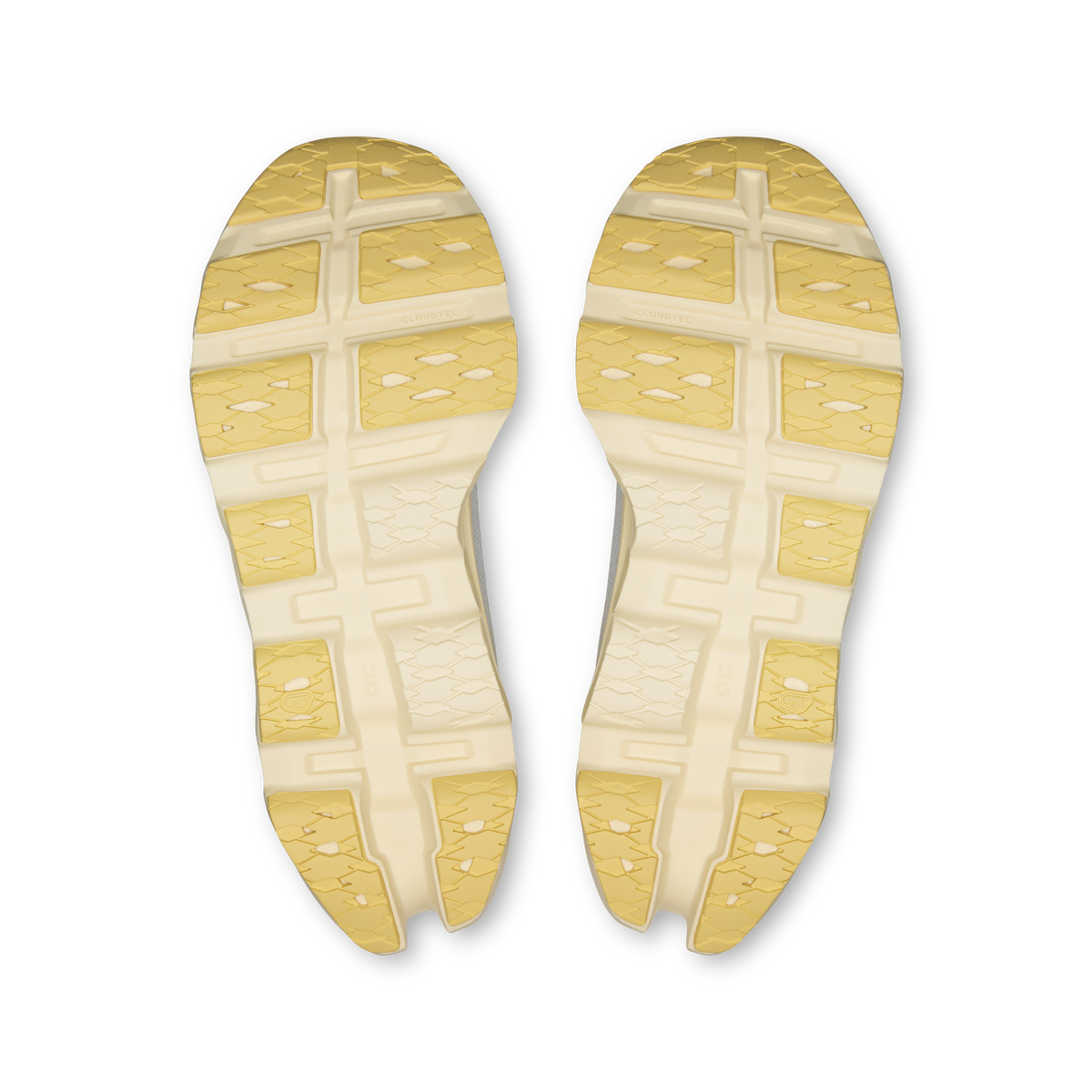 Pair of light gray shoe outsoles with yellow traction pattern